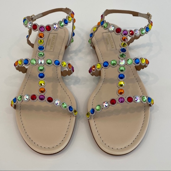AQUAZZURA BEIGE TEQUILA CRYSTAL RAINBOW SANDALS SIZE IT 38 / US 8 NEW IN BOX! - Picture 4 of 16